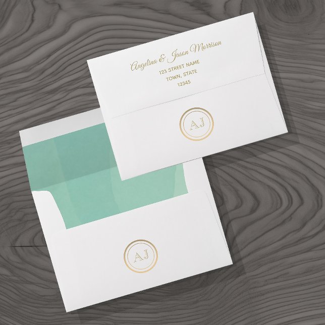 Elegant Monogram Gold and Green Wedding Envelope (Creator Uploaded)