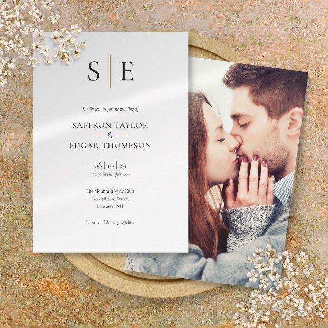 Elegant Monogram Gold Black Photo Wedding Invitation (Elegant Monogram Gold Black Photo Wedding Invitation)