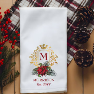 Elegant Monogram Gold Crest Poinsettia Christmas Tea Towel