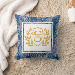 Elegant Monogram Gold Crest Tropical Palm Leaves Cushion