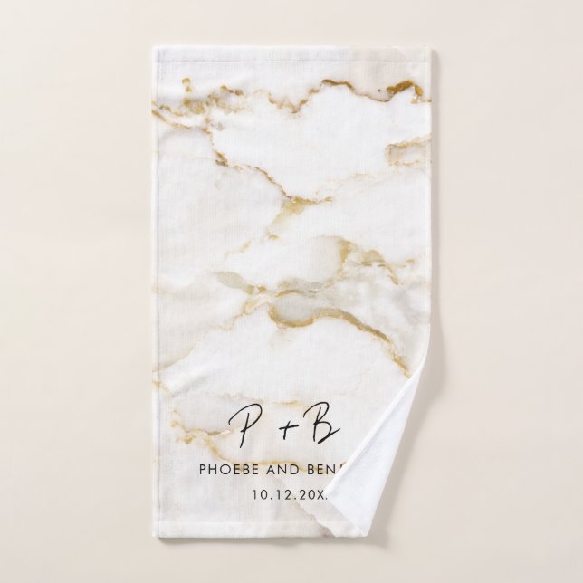 Elegant Monogram Gold Effect Marble Wedding Hand Towel (Hand Towel)