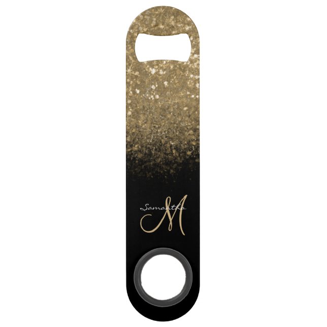 Elegant Monogram Gold Glitter & Black Bar Key (Front)