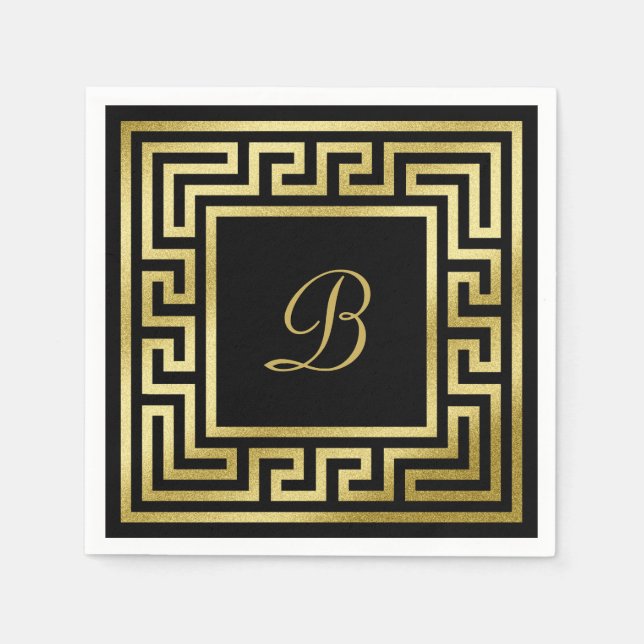 Elegant Monogram Gold Glitter Greek Key Black Napkin (Front)