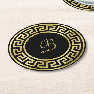 Elegant Monogram Gold Glitter Greek Key Black Round Paper Coaster