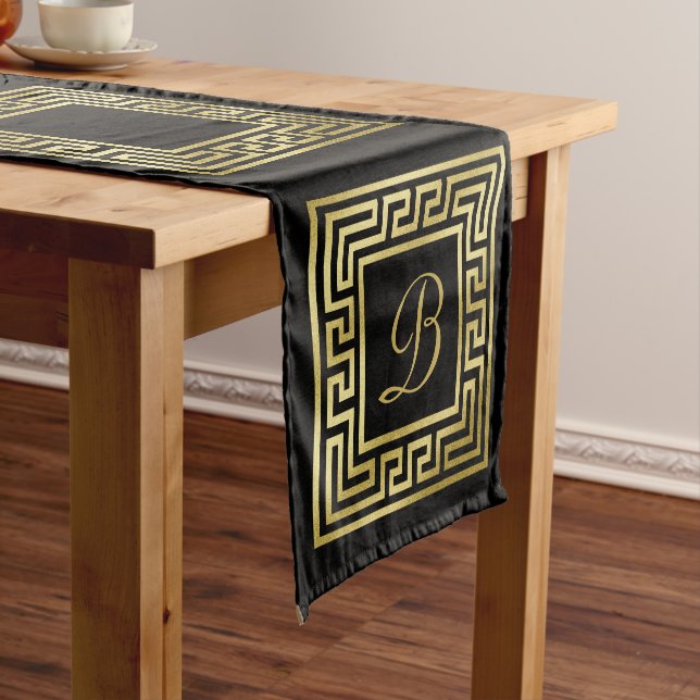 Elegant Monogram Gold Glitter Greek Key Black Short Table Runner (In Situ)