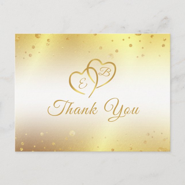 Elegant Monogram Gold Hearts Confetti Thank You Postcard (Front)