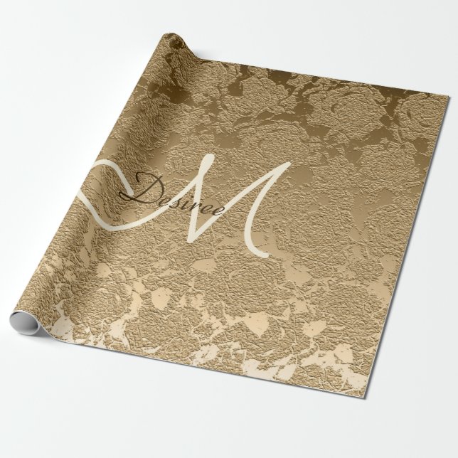 Elegant Monogram Gold Modern Girly Floral Wrapping Paper (Unrolled)