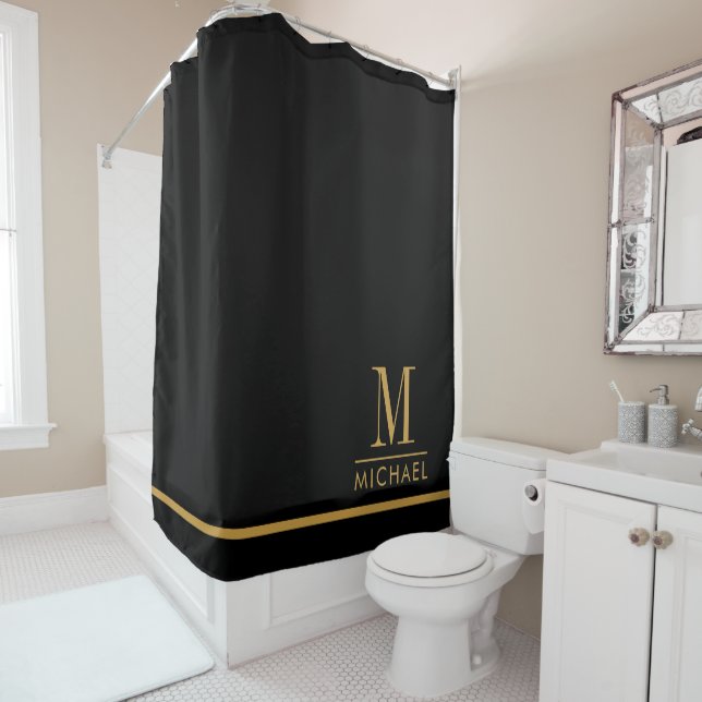 Elegant Monogram Gold Name Black Shower Curtain (In Situ)