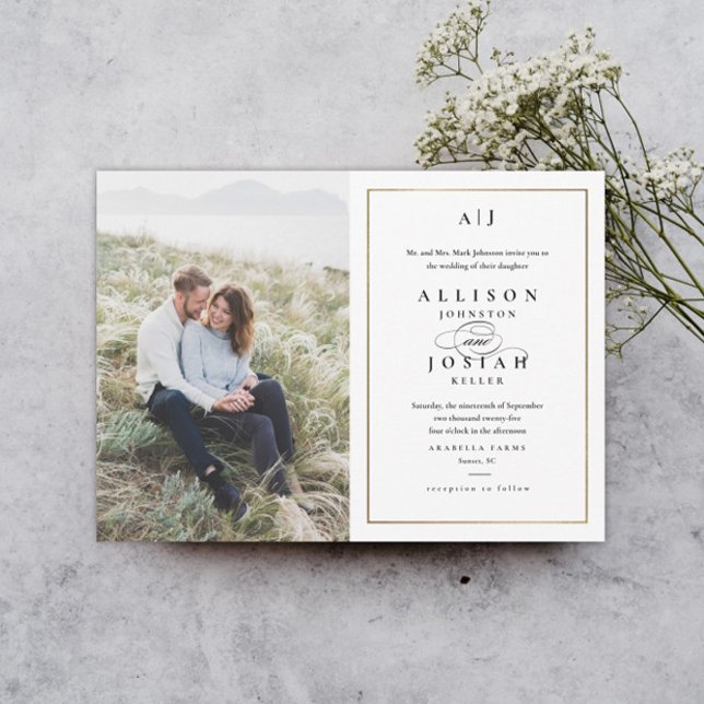 Elegant Monogram Gold Photo Wedding Invitation (Creator Uploaded)