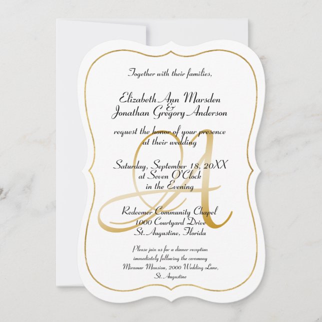 Elegant Monogram Gold Script Calligraphy Wedding Invitation (Front)