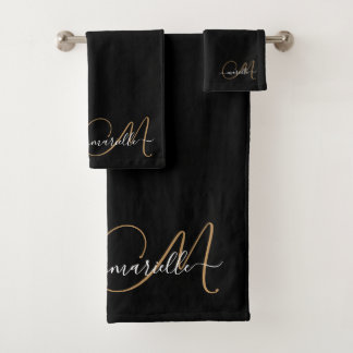 Elegant Monogram Gold Script Name Bath Towel Set