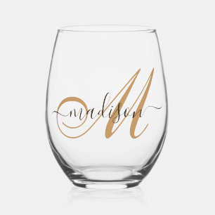 Elegant Monogram Gold Script Name  Stemless Wine Glass
