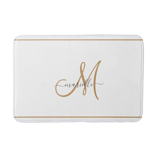 Elegant Monogram Gold Script Name White  Bath Mat (Front)
