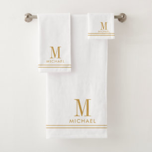 Elegant Monogram Gold Script Name White Bath Towel Set