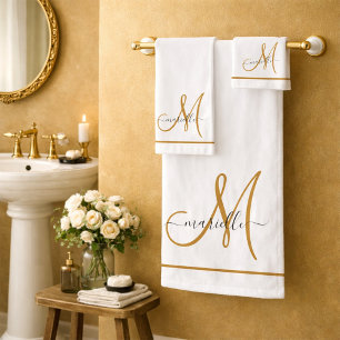 Elegant Monogram Gold Script Name White  Bath Towel Set