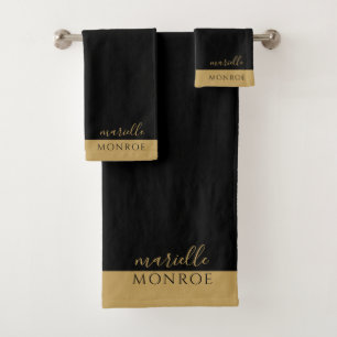 Elegant Monogram Gold Script Serif Black  Bath Towel Set