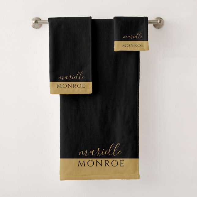 Elegant Monogram Gold Script Serif Black  Bath Towel Set (Insitu)