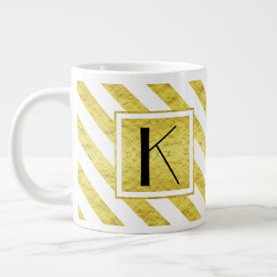 Elegant Monogram Gold Stripes Large Coffee Mug