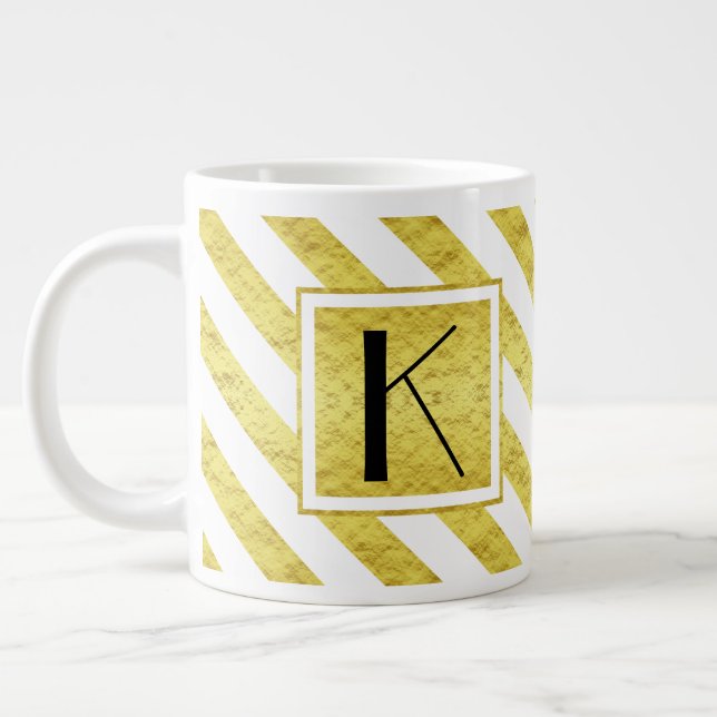 Elegant Monogram Gold Stripes Large Coffee Mug (Left)