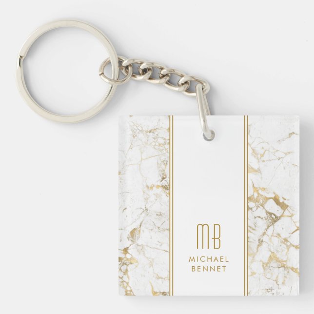 Elegant Monogram Gold White Marble   Key Ring (Front)