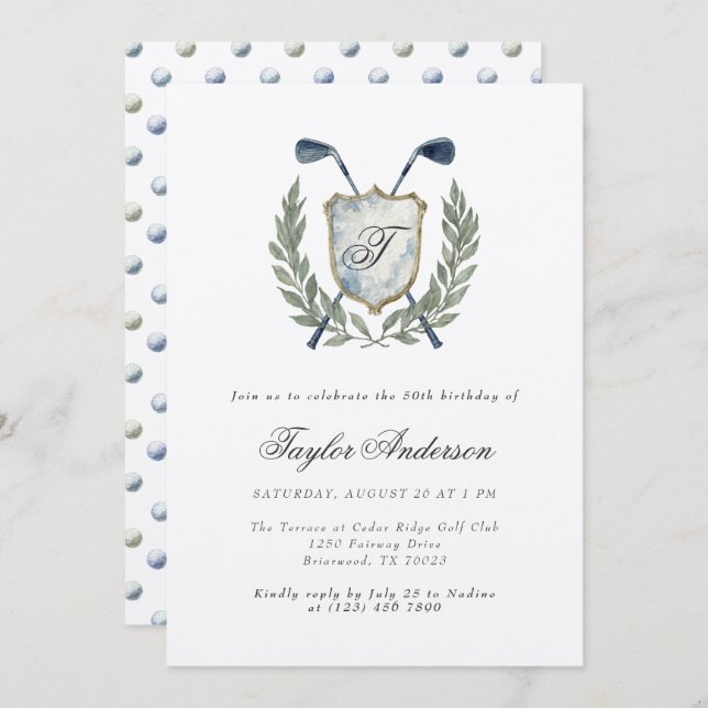 Elegant Monogram Golf Crest Birthday Party Golfing Invitation (Front/Back)