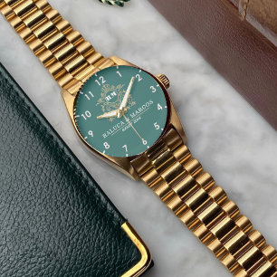 Elegant Monogram green and gold Couple names Watch