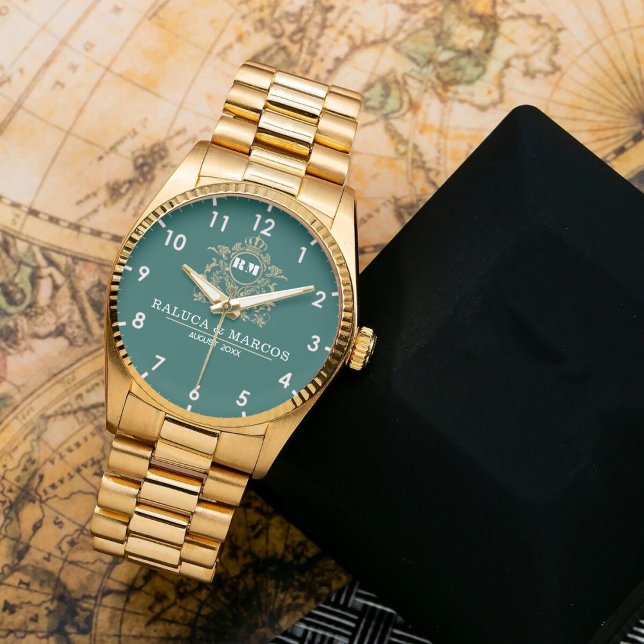 Elegant Monogram green and gold Couple names Watch (Creator Uploaded)