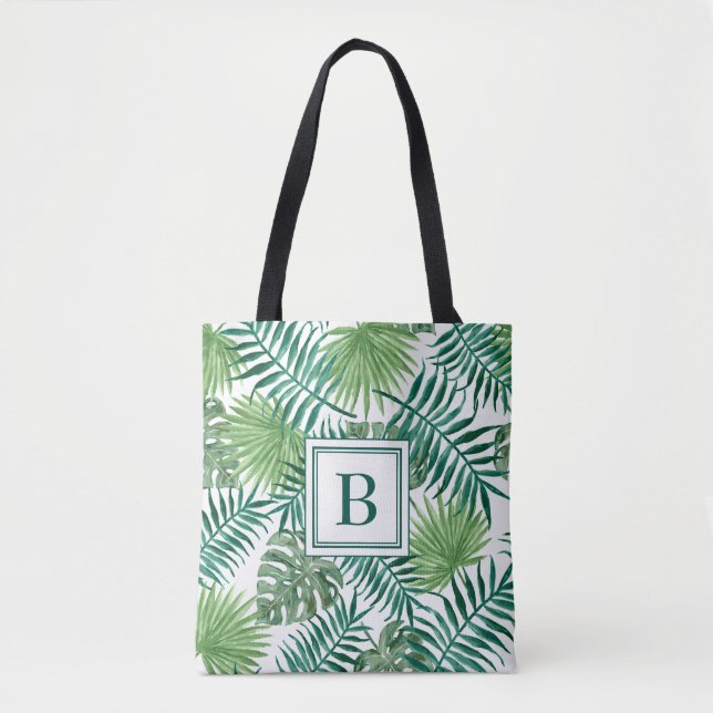 Elegant Monogram Green Botanical Palm Leaves Tote Bag (Front)