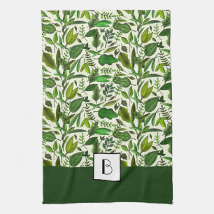 Elegant Monogram Green Botanical Pattern Tea Towel