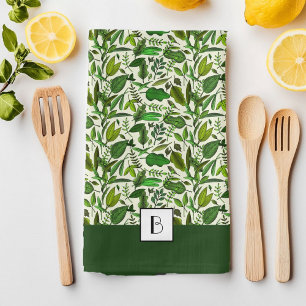 Elegant Monogram Green Botanical Pattern Tea Towel
