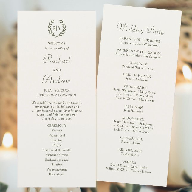 Elegant Monogram Green Cream Wedding Timeline Flat Programme (Creator Uploaded)