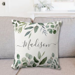 Elegant Monogram Green Eucalyptus Tropical Leaves Cushion