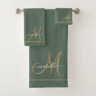 Elegant Monogram Green Gold Script Name  Bath Towel Set