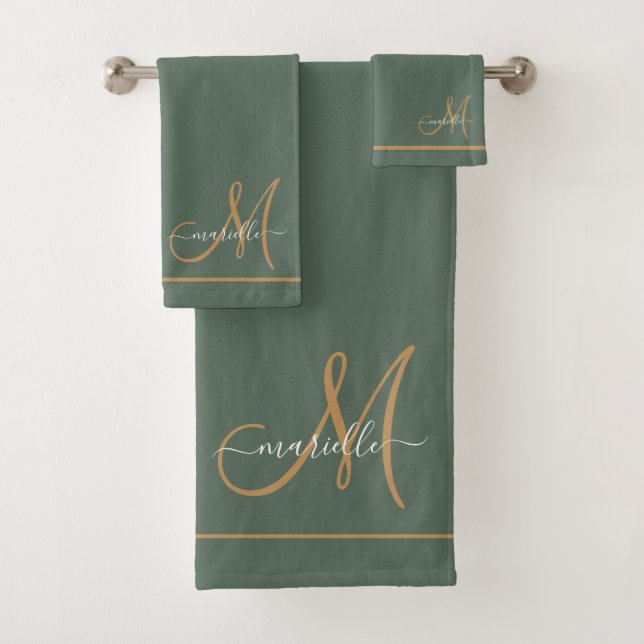 Elegant Monogram Green Gold Script Name  Bath Towel Set (Insitu)