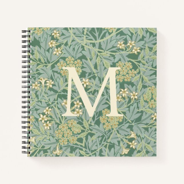 Elegant Monogram Green Jasmine Floral Notebook (Front)