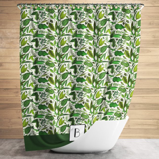 Elegant Monogram Green Leaves Pattern Shower Curtain (Elegant Monogram Green Leaves Pattern Shower Curtain)