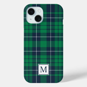 Elegant Monogram Green Plaid iPhone 15 Case
