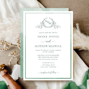 Elegant Monogram Green Watercolor Wedding Invitati Invitation