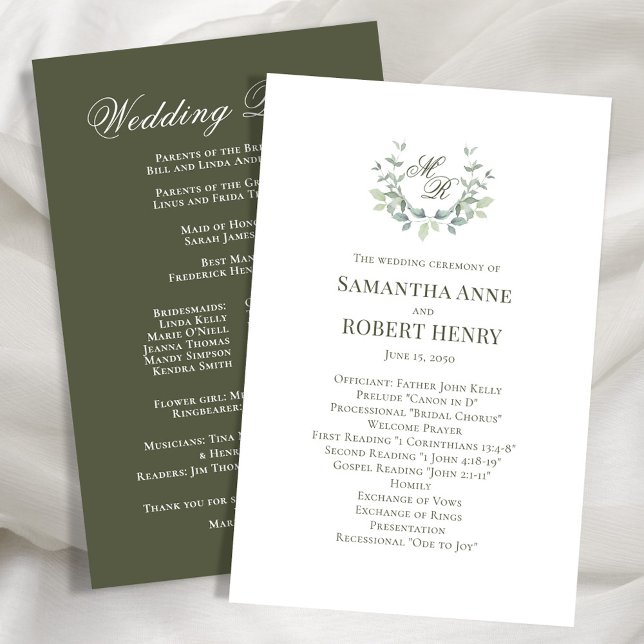 Elegant Monogram Green Wedding Program  (Olive green elegant laurel leaf motif wedding program. )