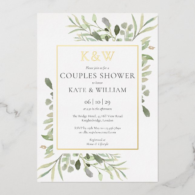 Elegant Monogram Greenery Couples Shower Gold (Front)