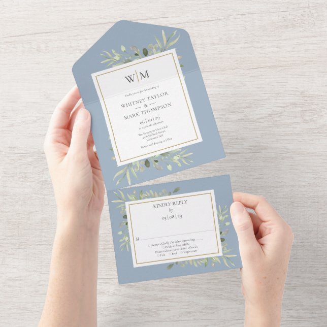 Elegant Monogram Greenery Dusty Blue Wedding All In One Invitation (Tearaway)