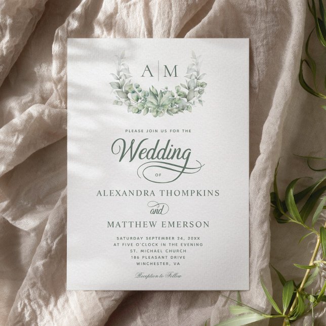 Elegant Monogram Greenery Eucalyptus Sage Wedding Invitation (Creator Uploaded)