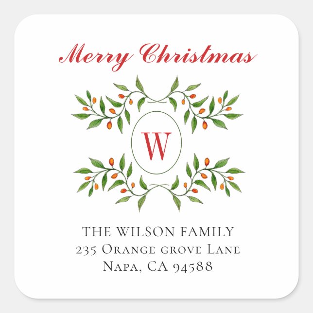 Elegant Monogram Greenery Holiday return address Square Sticker (Front)