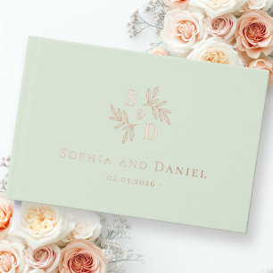 Elegant monogram greenery leaves light green guest book