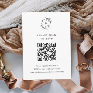 Elegant Monogram Greenery Leaves Wedding QR Code RSVP Card