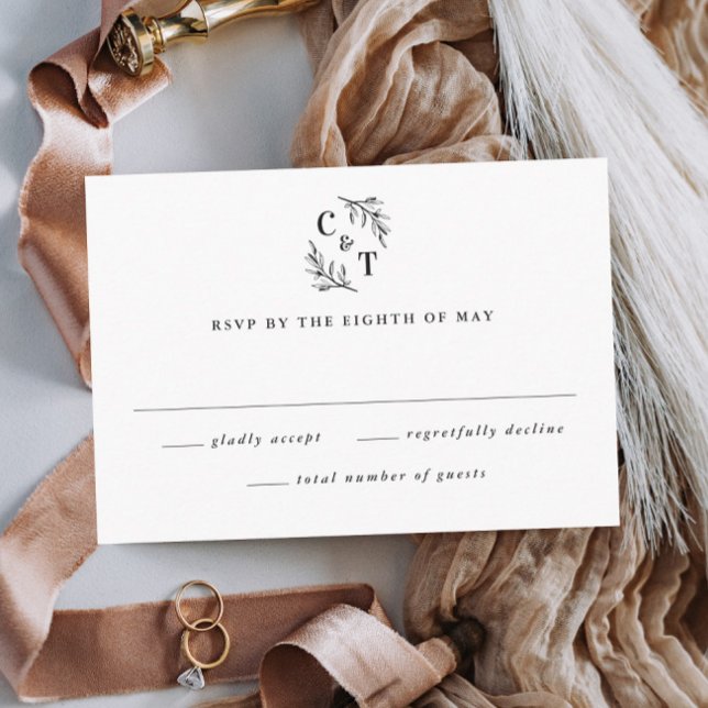 Elegant Monogram Greenery Leaves Wedding RSVP Card (Elegant Wedding Monogram Black and White Wedding Invitation RSVP Card.)