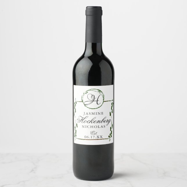 Elegant Monogram Greenery Personalised Wine Label (Front)