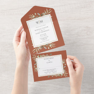 Elegant Monogram Greenery Terracotta Wedding  All In One Invitation