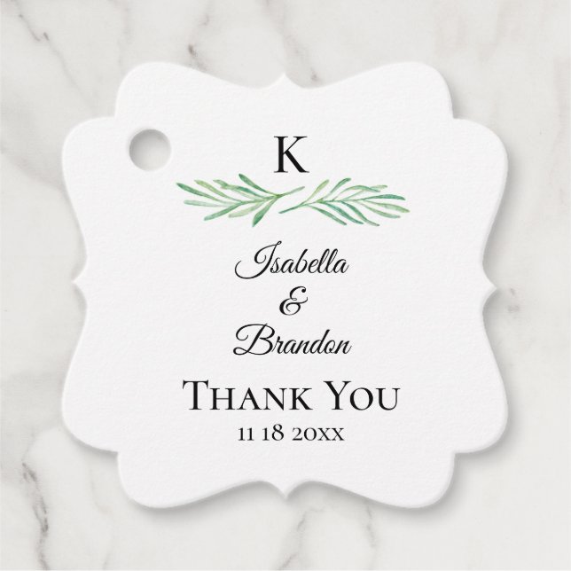 Elegant Monogram Greenery Wedding Favour Tags (Front)