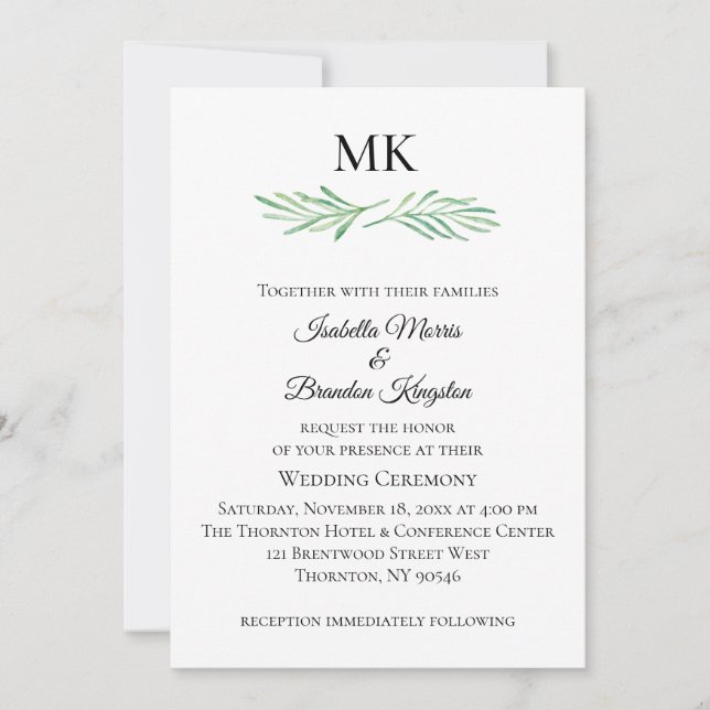 Elegant Monogram Greenery Wedding Invitation (Front)